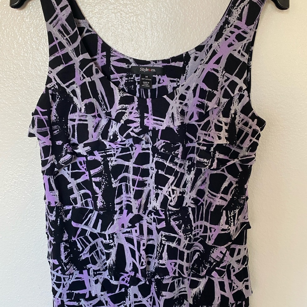 Style & Co Black and Purple Ruched Fitted Tank Top